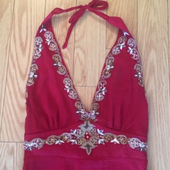 Vintage Unique 100% Silk Embellished Halter Dress - Picture 4 of 8